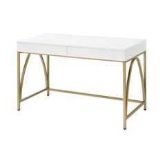 a white and gold desk with two drawers on it's sides, against a white background