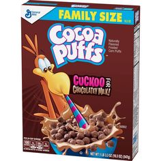 the cereal box is filled with cocoa puffs