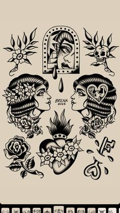 an old school tattoo design with skulls, roses and hearts on the back of it