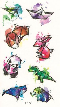 some origami animals are painted in watercolor on paper and have different colors