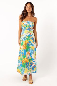 Harriet Strapless Midi Dress - Malta Print - Petal & Pup USA Multicolor Tropical Strapless Dress, Tropical Multicolor Strapless Dress, Ruched Dress For Beach Party In Spring, Ruched Dress For Spring Beach Party, Beachwear Ruched Dress For Beach Party, Strapless White Dress For Summer Parties, Bandeau Beach Dress With Ruched Detail, Spring Beach Party Ruched Dress, Bandeau Ruched Dress For Beach