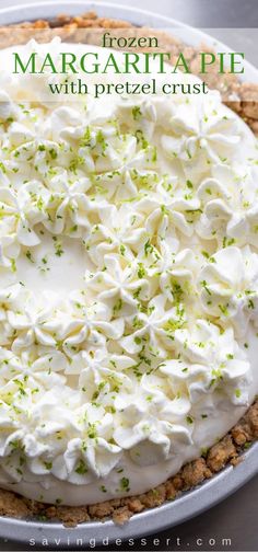 a frozen margarita pie with pretzel crust is ready to be eaten and served