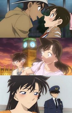 two anime characters are kissing in front of a clock tower and another is looking at the camera