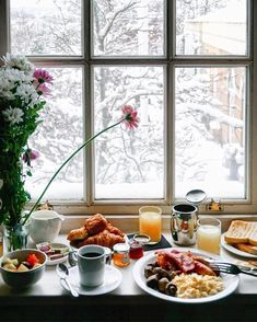 the breakfast is ready to be eaten on the windowsill