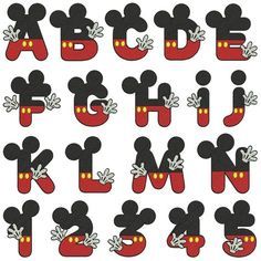 the letters and numbers for mickey mouse's ears are red, black, and white