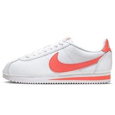 Never Worn : Nike Cortez Sneakers In White With Peach/Pink Accents. Received As Gift, Never Worn. Nike Orange Sneakers For Spring, Nike Pink Sneakers With Vulcanized Sole, Nike Sneakers For Spring Jogging, Cortez Sneakers, Peach Pink Color, How To Style Bangs, Shoe Fits, Pink Accents, Nike White