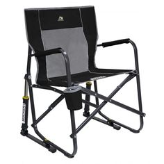 a black and gray folding chair with wheels