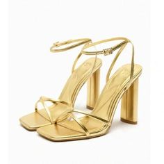 Enhance Your Wardrobe With These Stunning Zara Strappy Gold Metallic Heeled Sandals. These Sandals Are The Perfect Pair Of Shoes To Complete Your Look For Any Special Occasion. The Buckle Closure Ensures That Your Feet Will Stay Secure And The Block Heel Style Provides Maximum Comfort And Support. These Sandals Are Made With Faux Leather And Are A Size 10 Us Shoe Size And 41 Eu Shoe Size. These Sandals Are Designed With High (4 Inches And Higher) Heel Height, Making Them Perfect For A Night Out Golden Heels Aesthetic, Gold Shoes Wedding, Hoco Shoes High Heels, Gold Formal Shoes, Gold Heels Wedding, Hoco Heels, Gold Heels Prom, Good Heels, Grad Shoes