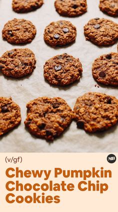 chewy pumpkin chocolate chip cookies on a baking sheet with the words v gf