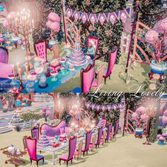 a collage of photos with pink chairs and tables set up for a tea party