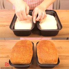 two pictures showing how to make bread in baking pans with butter and sugar on top