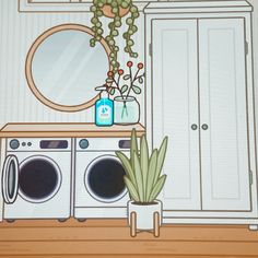 a painting of a washer and dryer in a room with a mirror on the wall