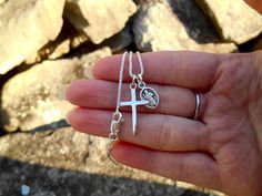 "Sterling Silver Cross/ Alloy St. Benedict Medal, Simple and timeless, perfect gift! Elegant Sterling Silver 16\" or 18\" Box Chain with 10mm rectangular clasp. Sterling Cross measures 1 inch. St. Benedict Medal 1/2 inch, (Made in Italy) Ships in black velveteen lined pendant box, ready for giving! Upgrade to a 20\" or 24\" chain here. https://www.etsy.com/listing/802569876/upgrade-chain-length-to-20-or-24-inch?ref=shop_home_active_1" Sterling Silver Spiritual Jewelry For Memorial, Saint Necklace, Benedict Medal, Saint Jewelry, St Benedict, Faith Gifts, Sterling Silver Cross, Silver Cross, Box Chain