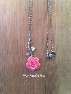 Sweet pink rose and silver branch necklace. Very dainty but sturdy. Silver branch and pink rose are on an 18'' stainless steel chain with lobster clasp. *Stainless steel chain *Silver brass branch *15mm resin rose *Handmade with love <3 Matching bracelet https://www.etsy.com/listing/713830076/silver-branch-and-pink-rose-bracelet?ref=shop_home_active_2 Matching anklet https://www.etsy.com/listing/727658577/silver-branch-and-pink-rose-anklet-rose?ref=shop_home_active_1 Like Jmesjewelrybox on Fa Delicate Pink Necklace With Rose Design, Rose-colored Flower Necklace As A Gift, Rose Flower-shaped Necklaces For Gifts, Delicate Pink Flower-shaped Necklace, Pink Flower-shaped Necklaces With Roses, Branch Necklace, Rose Bracelet, Rose Necklace, Matching Bracelets