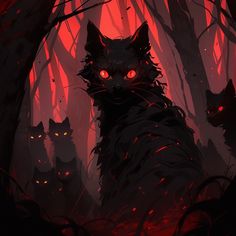 some red eyes are glowing in the dark woods with black cats behind them, and they appear to be staring at something