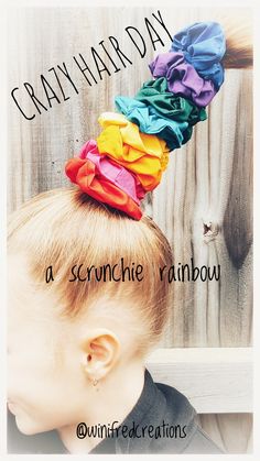 Check out this super easy girls diy crazy hair day idea. The Scrunchie Rainbow Ponytail. School, team colours. #winifredcreations #scrunchies #hairaccesories #diy #girlshair Crazy Hair Day Fruit Loop, Silly Hair Day Ideas For Teachers, Wacky Hair Day Ideas For Girls Easy Halloween, Crazy Hair Day Pipe Cleaners, Easy Crazy Hairstyles, Whacky Hair Day Ideas Girl Hairstyles, Crazy Hair For Kids, Wacky Hair Days