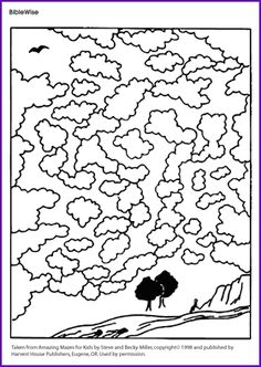 a black and white drawing of clouds in the sky with two trees on each side