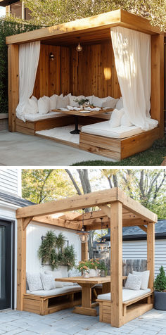 Collage featuring a pergola with white curtains and a modern dining nook with minimalistic elegance. Garden Seating