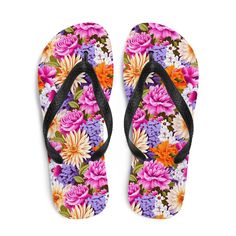 Step into summer with our Multi-Color Floral Flip Flops. These vibrant flip flops feature a stunning combination of purple, pink, and peach-colored flowers, adding a burst of color to your summer outfits. The floral design is both stylish and eye-catching, making these flip flops a must-have accessory for the season. Crafted with comfort in mind, these flip flops provide a cushioned and supportive sole, ensuring all-day comfort as you explore sandy beaches or stroll along the boardwalk. Embrace Floral Flip Flops, Colorful Slippers, Colored Flowers, Plush Fabric, Hippie Art, Summer Months, Sandy Beaches, Flower Beauty, No Matter How