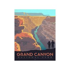 the grand canyon national park poster shows two people standing at the edge of a cliff