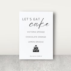 a card that says let's eat cafe victoria sponge chocolate orange lemon drizzle