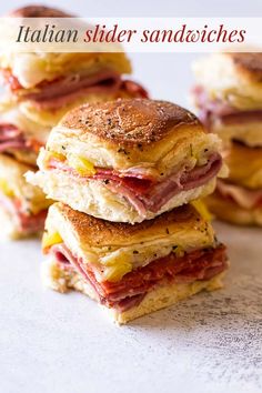 several sandwiches stacked on top of each other with the words italian slider sandwiches above them