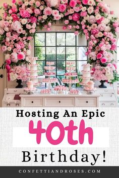 a birthday party with pink and white flowers on the front door, and an image of a