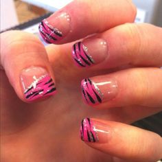 Zebra Stripe French Manicure French Manicure Pink zebra nails, Zebra nails, Zebra nail designs Heathers Nails, Pink Zebra Nails, Finger Nails, Her Nails, French Nail, Animal Print Nails