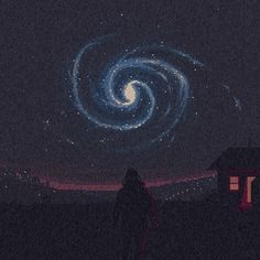 a person standing in front of a dark night sky with a spiral design on it