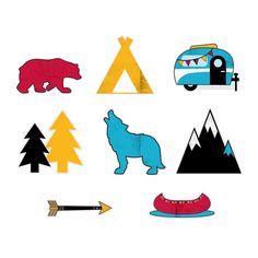 an assortment of stickers with animals, trees and mountains in the shape of tents