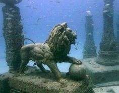 an underwater photo of a lion statue in the ocean