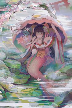 a woman holding an umbrella over her head while standing in the water with flowers on it