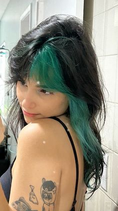 Bangs With Blue Hair, Ginger And Teal Hair, Brown And Colorful Hair, Hair Color Underneath Short Hair, Top Dyed Hair, Black Hair With Colored Bangs, Color Block Hair With Bangs, Hair Color Ideas For Short Hair, Short Coloured Hair