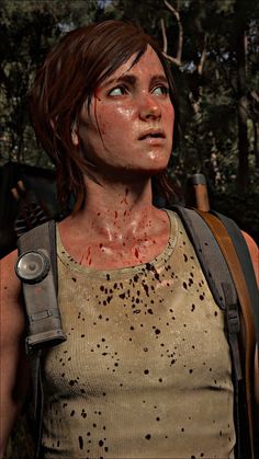 the walking dead game character with blood all over her face and chest, standing in front of trees