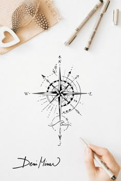 Line drawing of compass signed by the Slovak artist Deni Minar. Available for download and suitable as a tattoo for all travel lovers. Compass And Sunset Tattoo, Detailed Compass Tattoo, Compass And Ocean Tattoo, Whimsical Compass Tattoo, Wave And Compass Tattoo, Travel Inspired Tattoos Simple, Beach Compass Tattoo Design, Compass Tattoo With Mountains And Ocean, Compass Hip Tattoo