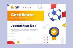 a certificate with soccer balls and stars on the front, as well as an orange ribbon