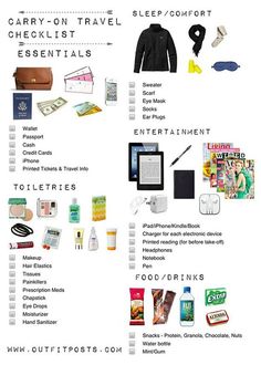 the contents of a carry - on travel essentials list are shown in this image