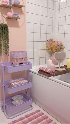 a bath room with a tub and a shelf