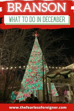 a christmas tree with the words branon what to do in december on it and people standing around