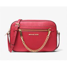 Michael Kors Jet Set Saffiano Leather Crossbody Bag In Red! Red Saffiano Leather Bag With Gold-tone Hardware, Red Saffiano Leather Evening Bags, Orange Tote Bags, Convertible Crossbody Bag, Brown Crossbody Bag, Bags Michael Kors, Michael Kors Crossbody Bag, Brown Leather Handbags, Brown Leather Totes