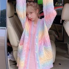 Rainbow Knitted Jacket - Kuru Store Kawaii Sweater, Rainbow Cardigan, Long Sweater Coat, The Cardigans, Autumn Sleeve, Fall Cardigans, Rainbow Sweater, Knitting Women Cardigan, Button Down Cardigan