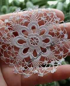 a hand holding a white lace doily in it's left hand with flowers on the side