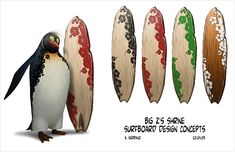 a cartoon penguin standing next to surfboards with different designs on it's sides