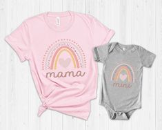 Mama Mini Rainbow Matching Shirt, Mommy and Me Shirts, Mommy Daughter Shirts Set, New Mom Gift , Mama mini rainbow t-shirt Please note this disclaimer: This item is not affiliated with any existing intellectual property or trademark unless specified in the Product Description. This item is a fun shirt for fans. - Price advertised is only for *ONE* T-shirt. Please add multiple shirts to cart to make a set. - Child Design is available in Bodysuit and T-Shirt (See Dropdown Menu for options) -Our sh Playful Rainbow Print Top, Playful Pink Tops With Rainbow Print, Playful Crew Neck Top With Rainbow Print, Playful Rainbow Print Crew Neck Top, Fun Rainbow Print Tops, Playful Cotton Tops With Rainbow Print, Playful Cotton Top With Rainbow Print, Playful Multicolor Rainbow Print T-shirt, Fun Rainbow Print Short Sleeve Top