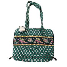 Vintage & Retired Pattern: Greenfield Vera Bradley Style: 110 Travel Tote Bag Item #: 11025 Gorgeous Emerald Green Bag With Pinks, Yellow, Forest Green And White Floral Accent Colors. Bag Has A Hard Bottom And A Zip Around Closure. Front Has Two Divided Slip Pockets One Slightly Larger Than The Other. There Is Also A Smaller, Less Deep Slip Pocket On The Back. Inside One Side Features A Large Zip Compartment And The Other Side Has 3 Divided Slip Pockets (One Slightly Larger In The Middle And The Green Rectangular Shoulder Bag With Laptop Sleeve, Green Rectangular Laptop Bag For On-the-go, Casual Green Rectangular Laptop Bag, Green Square Satchel For Travel, Green Shoulder Bag With Laptop Sleeve For Travel, Green Rectangular Laptop Bag For Daily Use, Rectangular Green Laptop Bag For On-the-go, Green Travel Bag With Laptop Sleeve, Green Bag With Laptop Sleeve For Daily Use