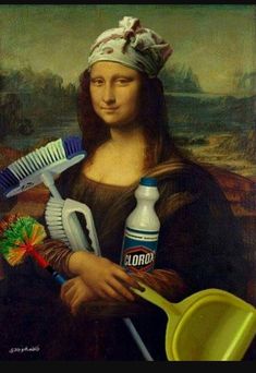 a painting of a woman holding cleaning supplies