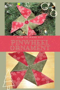 a pinwheel ornament on top of a christmas tree with the words, how to make diy pinwheel ornament