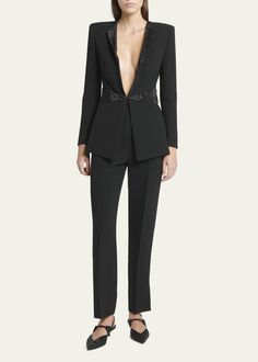 Luxury Long Sleeve Formal Pantsuit, Elegant Fitted Outerwear For Gala, Evening Tuxedo Style Long Sleeve Pantsuit, Chic Tailored Tuxedo For Evening, Elegant Tailored Blazer For Gala, Formal Long Sleeve Pantsuit With Structured Boning, Tailored Elegant Blazer For Gala, Tailored Chic Tuxedo For Evening, Designer Tailored Blazer For Evening