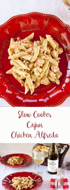 slow cooker cajun chicken alfredo on a red plate with wine and crackers