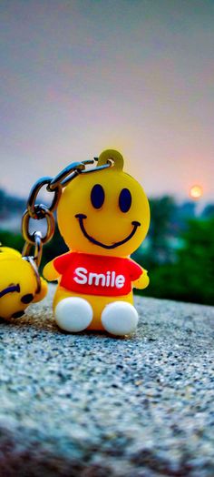 a smiley face keychain sitting on top of a rock